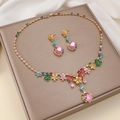Luxurious gold jewelry set with colorful heart gemstones and floral necklace and earrings - Red Heart Flower Cluster Style (PJ---40)