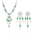 Emerald zircon jewelry set with floral necklace and matching earrings in silver finish - Emerald Green Flower Necklace Earrings Set (PJ--45)