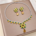 Elegant floral jewelry set with yellow and emerald green zircons on silver necklace - Yellow Green Gemstone Floral Leaf Style (PJ-19)