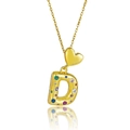 Detail of a gold heart pendant with a colorful gemstone letter D on a fine chain - Letter D Style (X4065 D)