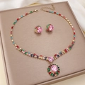 Fashion colorful zircon flower jewelry set with crystal necklace and stud earrings - Pink Flower Cluster Heart Style (PJ---35)
