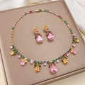 Chic multi-color tulip zircon jewelry set with gold necklace and matching drop earrings - Pear Shape Multicolor Gem Style (PJ---39)