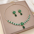 Elegant emerald zircon necklace and earrings set with gold drop pendants for women - Green White Waterdrop Petal Style (PJ-16)