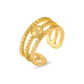 Detailed view of triple-layered adjustable gold ring with rope and bead texture - Multi Layer Vintage Bead Style (J0851)