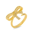 Detail der goldene Schleifenring mit funkelnden Zirkonia und verstellbarem Band - 3D-Schleifen-Stil (J0870)