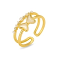 French style gold open ring featuring a cream bow, pearls and crystals in a layered design - Butterfly Pearl Style (J0864)