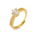 Détail d'une bague ajustable dorée avec zircon rond à six griffes et anneau pavé de cristaux - Style Pavé à Deux Rangs à Six Griffes (J0892)