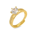 Golden adjustable ring with a large round zircon stone and small diamonds in a 6-prong setting - Classic Six-Prong Pave Band Style (J0891)