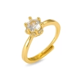 Adjustable gold open ring featuring a large round zircon stone in a six-prong crown setting - Six-Prong Crown Halo Style (J0890)