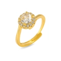 Detailed view of luxury gold-plated adjustable ring with brilliant round center zircon - Luxury Round Halo Style (J0889)