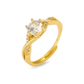 Adjustable gold plated ring with round clear zircon and twisted pavé diamond band - Twisted Round Style (J0888)
