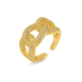 Minimalist gold chain ring with sparkling white cubic zirconia and adjustable open design - Full Zircon Double Ring Chain Style (J0918)