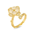 Detailed close-up of adjustable gold flower ring with white enamel and sparkling crystal - White Enamel Camellia Style (J0887)