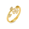 Detailed close-up of golden floral ring featuring zircon-encrusted petals and adjustable band - Gold Simple Five-Petal Flower Leaf Style (J0886)