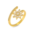 Detail view of the French gold flower ring with sparkling pear-cut cubic zirconia stones - Gold Eight-Petal Flower Pave Curve Style (J0884)