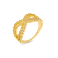 Detail of gold-plated crossover ring featuring micro-pave white zircon crystals - Criss-Cross Row Diamond Infinity Symbol Style (J0901)