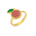 Detailed view of red cherry-shaped adjustable gold ring with green leaf zircon stones - Red Pavé Apple Style (J0979)