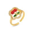 Verstellbarer goldener Ring mit rotem Kirschdesign, grünem Emaille und funkelnden Strasssteinen - Zirkon Umrahmter Kirsche Stil (J0978)