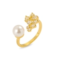 Anillo ajustable estilo francés con perla blanca y motivo de mariposa en circón brillante - Estilo con perla y mariposa de racimo floral (J1000)
