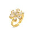 Detail of a gold adjustable flower ring with shimmering water drop zircon petals - Water-Drop Zirconia Six Petal Flower Ring (J1044)