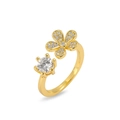 Anello aperto dorato stile francese con fiori in zirconia e cristallo rotondo brillante - Anello Aperto Fiore a Cinque Petali e Diamante Grande (J1041)