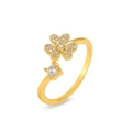 Dettaglio anello a quadrifoglio dorato regolabile con zirconi brillanti - Anello Aperto Con Quadrifoglio e Diamante Singolo (J1038)