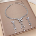 Silver zircon jewelry set with butterfly bow necklace and matching tassel earrings - Clear Bowknot Tassel (PJ-114)