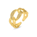 Close-up of golden Cuban link open ring with sparkling pavé zircons on central bands - Fashion Cuban Link Style (J0941)