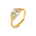 Macro view of gold flower ring featuring a sparkling white zircon and detailed side leaves - Round Claw Inlaid White Diamond Style (J0939)