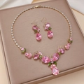 Elegant gold necklace and earring set with pink zircon butterfly and green gemstone leaves - Pink Green Butterfly Gold (PJ-122)