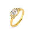 Detailaufnahme eines goldenen Blattrings mit einem brillanten runden Zirkonia-Kristall - Runder Stein Blatt Pflanzen Stil (J0987)