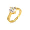 Makroaufnahme eines vergoldeten verstellbaren Rings mit rundem Zirkonia und Vierer-Krappe - Vier-Zacken-Fassung Runder Stein mit Seitensteinen Stil (J0986)