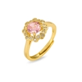 Bague fleur dorée élégante avec pierre rose et pétales sertis de zircons, design ouvert - Style Pétale Pierre Ronde Rose (J0985)
