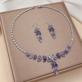 Silver zircon necklace and earrings set with purple marquise cut stones for women - Purple Marquise Floral (PJ-126)