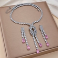 Pink pear-cut zircon pendant necklace and earrings jewelry set in silver finish - Pink Pear Tassel (PJ-127)