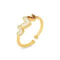 Detail of gold adjustable ring featuring three hearts with white enamel and red zircon - Tri-color Heart Enamel Drip Oil Style (J1019)