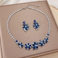Elegant silver flower jewelry set with royal blue marquise stones and white zircons - Blue White Floral (PJ-109)