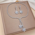 Silver flower jewelry set with sparkling zircon floral necklace and matching drop earrings - Silver Five-petal Floral (PJ-85)