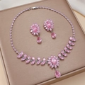 Elegant floral necklace and earring set with pink zircon marquise stones in silver finish - Silver Pink Marquise Drop (PJ-182)