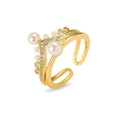 Détail d'une bague couronne dorée en V avec perles blanches et accents de zircon - Style Perle de Couronne en Forme de V (J0974)