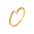 Vue détaillée d'une bague dorée ouverte avec deux perles blanches et des accents en zircon - Style Minimaliste Élégant à Deux Perles (J0973)