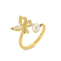 French style gold butterfly open ring with sparkling zircon stones and white pearl - Pearl Butterfly Elegant Style (J1077)