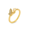 Adjustable gold butterfly ring with sparkling crystals and round center stone - Round Main Stone Butterfly Style (J1079)