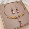 Elegant gold zircon tulip jewelry set with pink pear-shaped pendant and tassel necklace - Colorful Zircon Tassel (PJ-162)