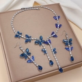 Blue butterfly zircon jewelry set with drop earrings and necklace on a luxury jewelry box - Deep Blue Butterfly Tassel (PJ-169)