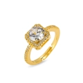Detailed view of gold square halo ring with clear zircon stones and adjustable band - Square Halo Style (J1163)