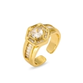 Adjustable 18K gold hexagon ring with center CZ stone and side crystal accents - Hexagon Halo Style (J1164)