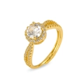 Close-up of golden halo ring with brilliant round center stone and pave accents - Six-Prong Halo Style (J1166)