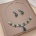 Luxury silver necklace and earrings set with green water drop gems and floral design - Deep Green Water Drop (PJ-106)