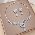 Elegant zircon flower necklace and earrings set with pear-shaped drops for evening wear - Silver Clear Flower Cluster (PJ-180)